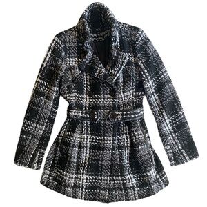 BCX Double Breasted Black & White Plaid Belted Jacket, Women’s size L
